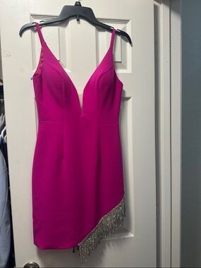 Jovani Hot Pink Beaded Fringe Mini Dress